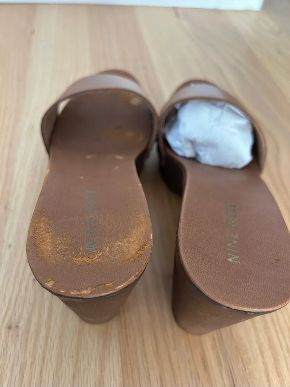 Nine West Tan Leather Platform Slide Sandals